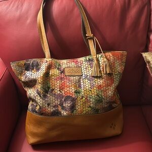 Patricia Nash Multicolor Floral Perforated Leather Tote with Tan Trim
